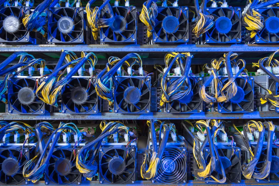 Wall of computer servers with blue and yellow cables for cryptocurrency mining